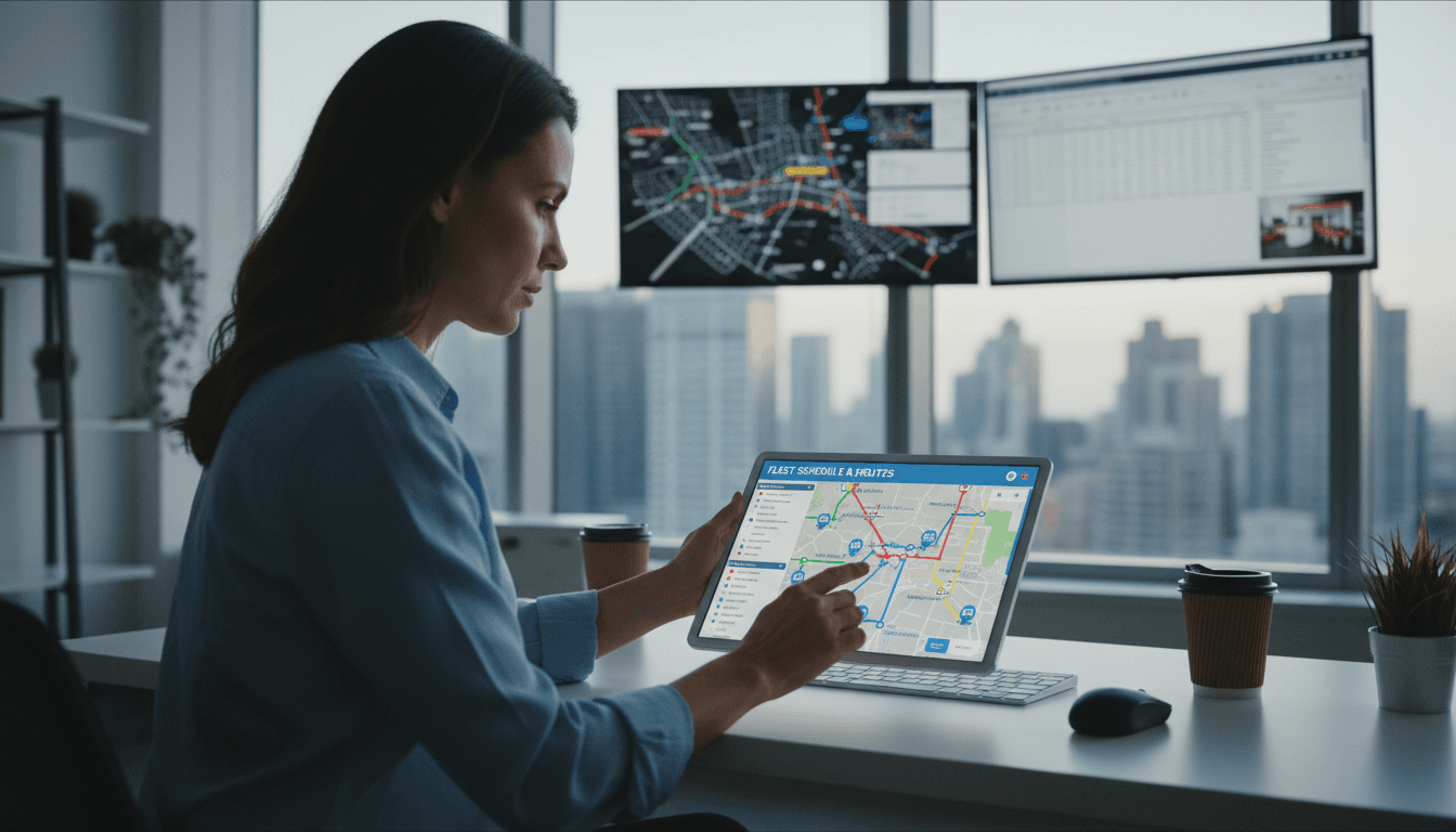Coordinador logístico revisando un cronograma y planificando rutas de flota en una tableta digital