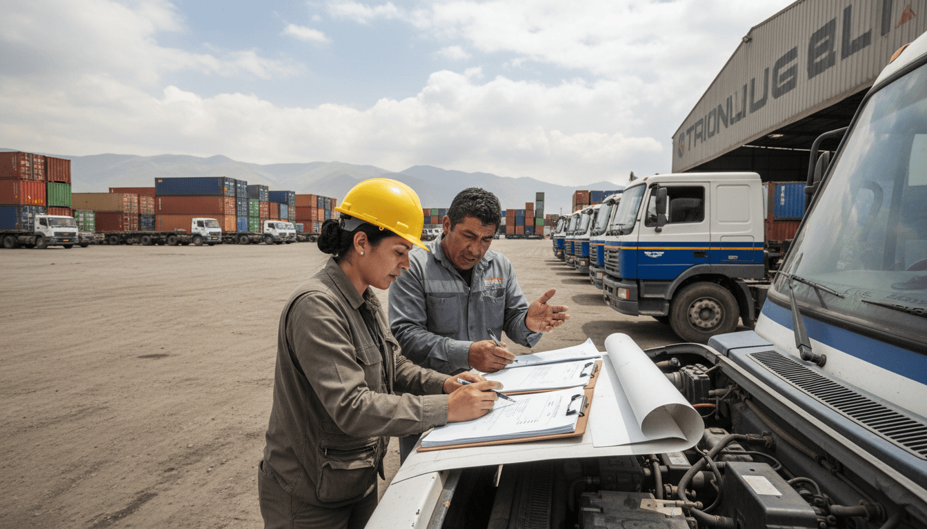 Consultor de AZT CONSULTORES revisando documentos con un conductor de camión en Chiclayo