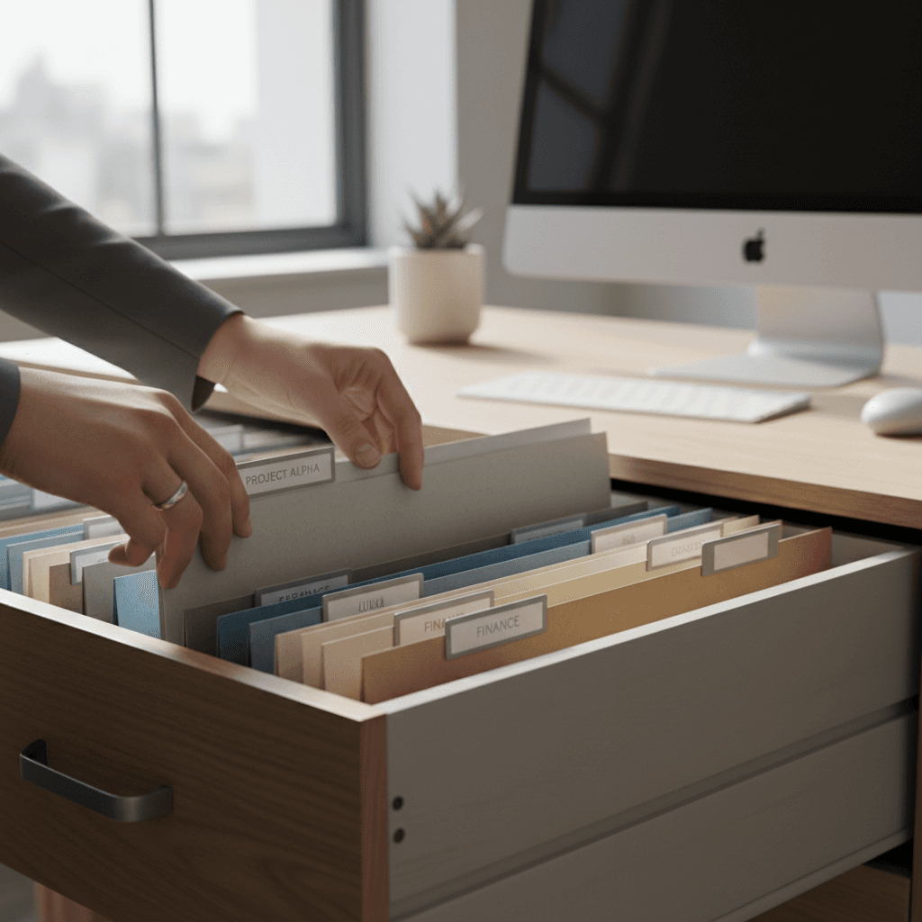 Carpetas de archivo ordenadas y registros digitales en una oficina moderna