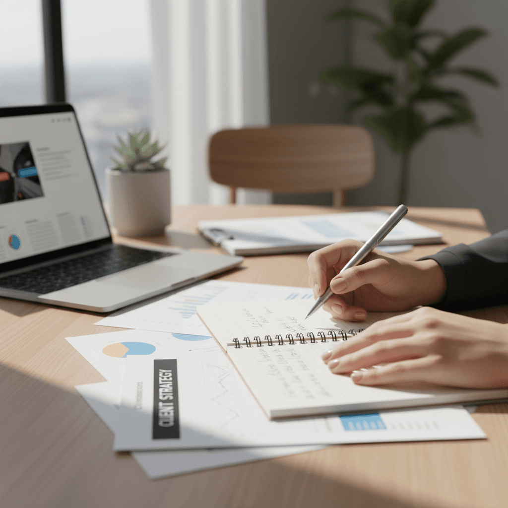Consultor revisando documentos con un cliente en una oficina moderna