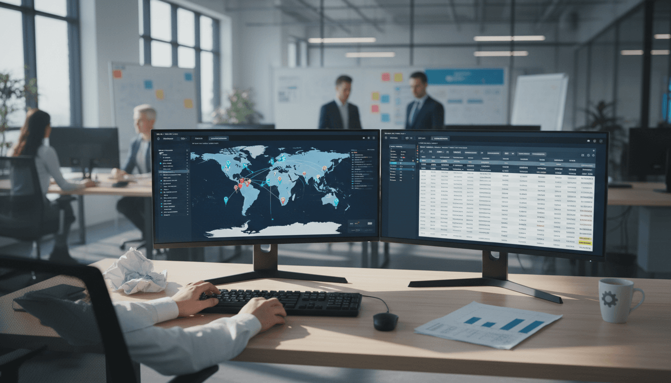Dispatcher working at dual-monitor computer workstation tracking freight loads and managing routes in logistics office