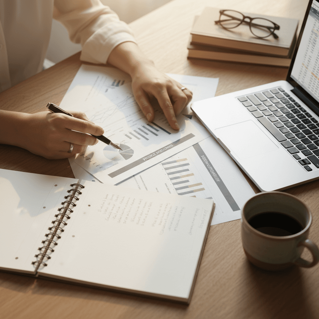 Consultor revisando documentos de gestión de flota en un escritorio moderno