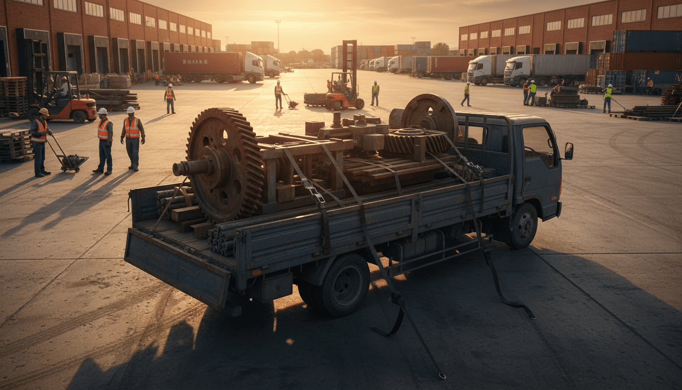 Loaded flatbed truck at busy logistics yard with warehouses and dock workers managing cargo operations