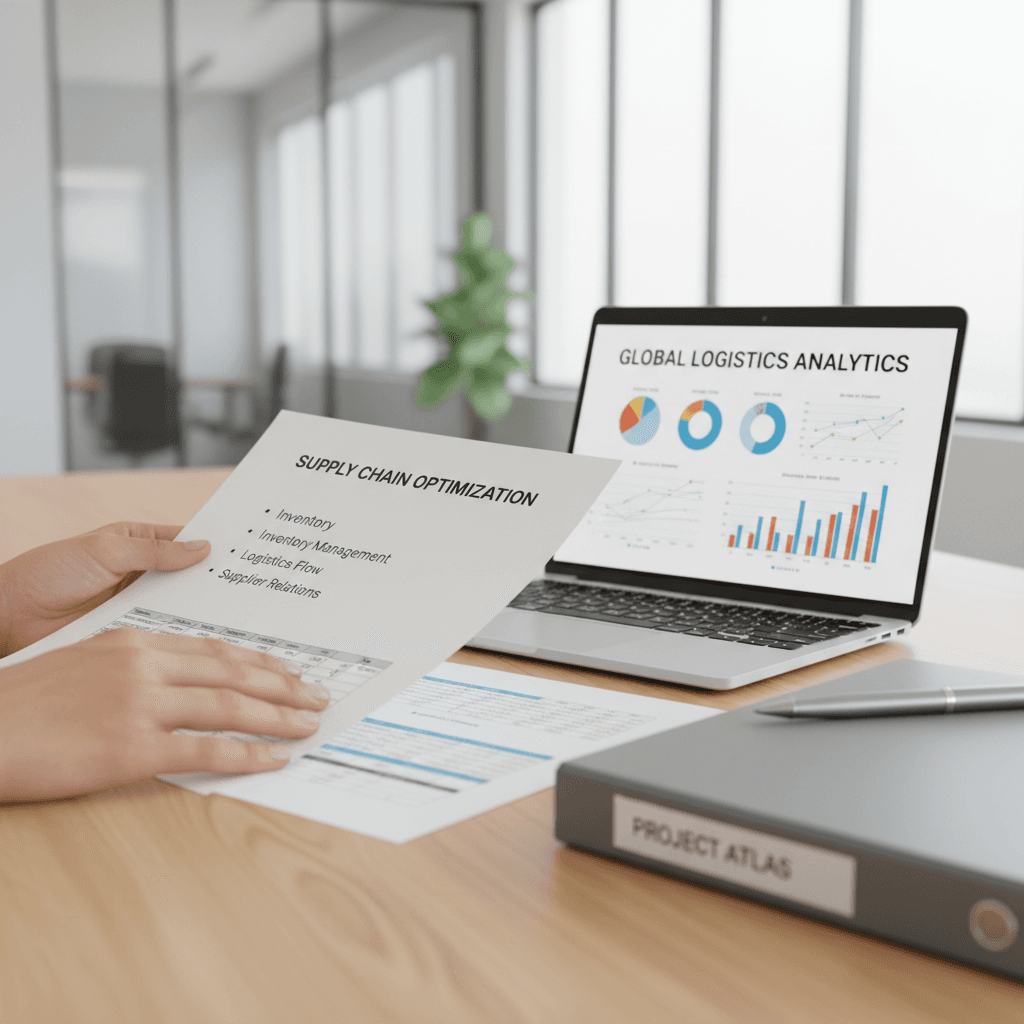 Consultor revisa documentos logísticos con flota de camiones de fondo en oficina moderna