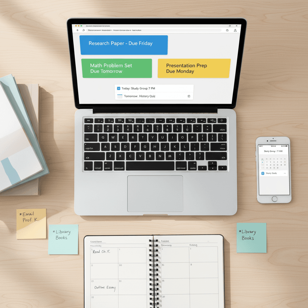 Calendario con recordatorios de plazos y lista de verificación sobre un escritorio con laptop